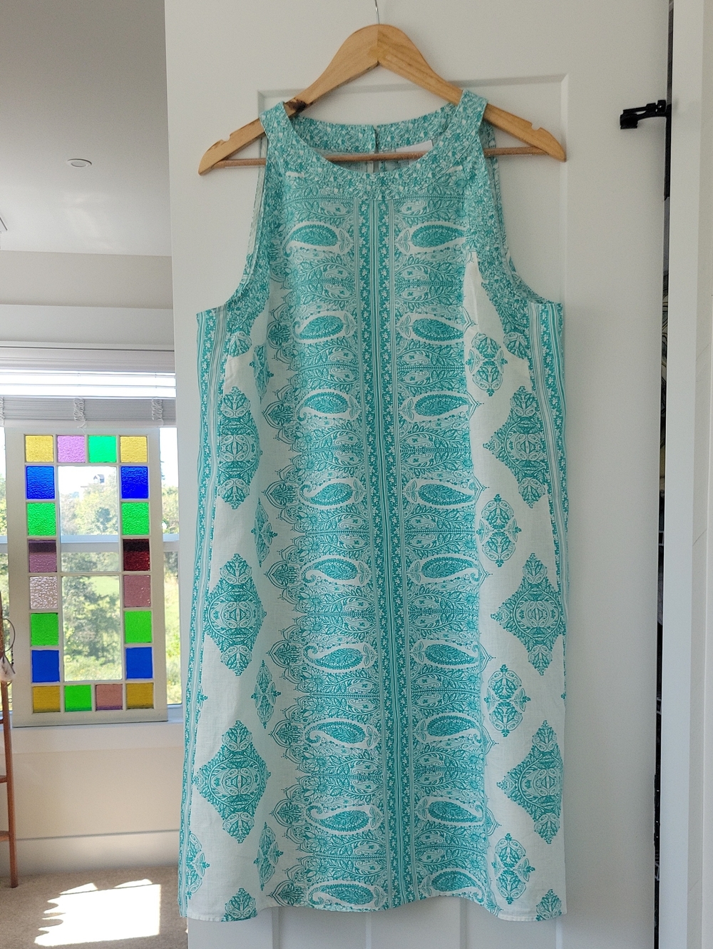J. Jill 100% Linen Aqua/ Teal and White Sleeveless Paisley Midi Dress